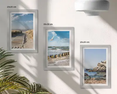 Beach with wooden path, sea and seaside cliffs framed triptych