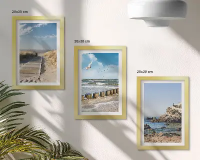 Beach with wooden path, sea and seaside cliffs framed triptych