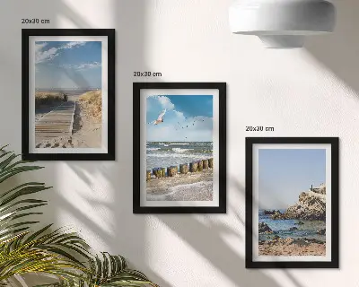 Beach with wooden path, sea and seaside cliffs framed triptych