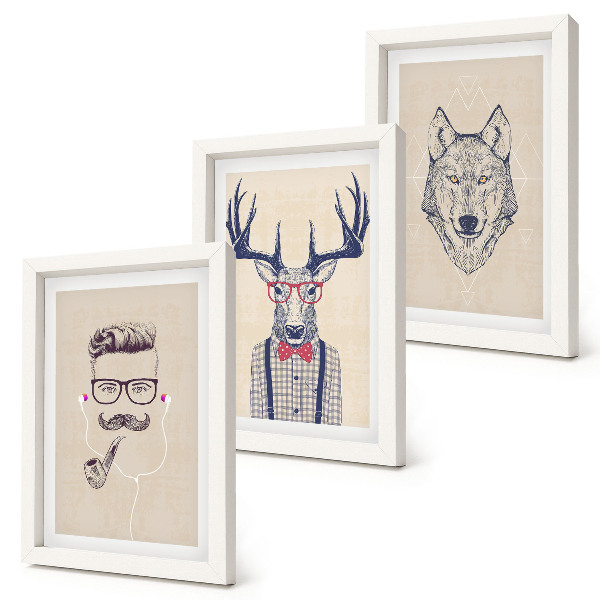 3-piece wall art set Stylish portraits of animals and men
