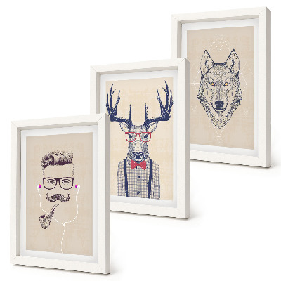 3-piece wall art set Stylish portraits of animals and men