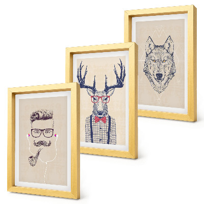 3-piece wall art set Stylish portraits of animals and men