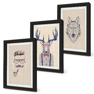 3-piece wall art set Stylish portraits of animals and men