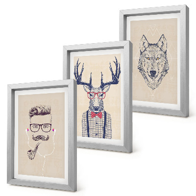 3-piece wall art set Stylish portraits of animals and men