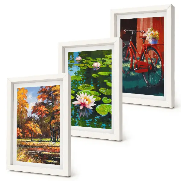 Photo frame wall gallery set autumn colors lily pond and bicycle on the terrace