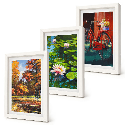 Photo frame wall Autumn colors, lily pond, bicycle on the terrace