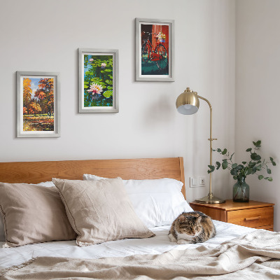 Photo frame wall Autumn colors, lily pond, bicycle on the terrace
