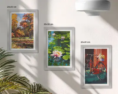 Photo frame wall gallery set autumn colors lily pond and bicycle on the terrace