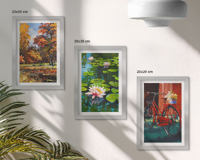 Photo frame wall Autumn colors, lily pond, bicycle on the terrace