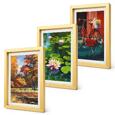 Photo frame wall gallery set autumn colors lily pond and bicycle on the terrace