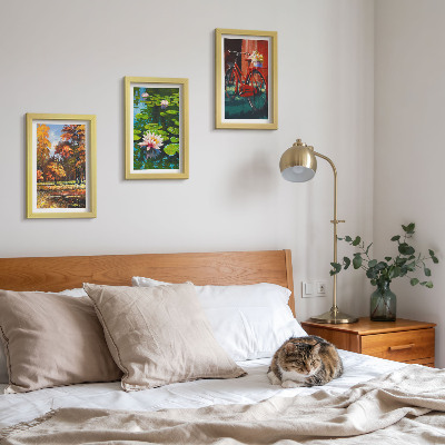 Photo frame wall Autumn colors, lily pond, bicycle on the terrace