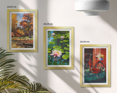 Photo frame wall Autumn colors, lily pond, bicycle on the terrace