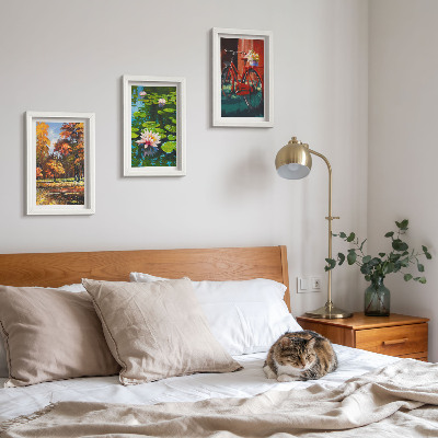 Photo frame wall Autumn colors, lily pond, bicycle on the terrace