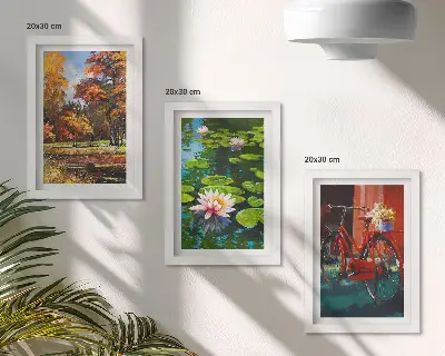 Photo frame wall gallery set autumn colors lily pond and bicycle on the terrace