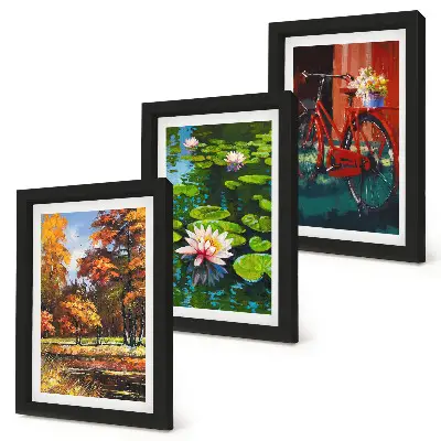 Photo frame wall gallery set autumn colors lily pond and bicycle on the terrace