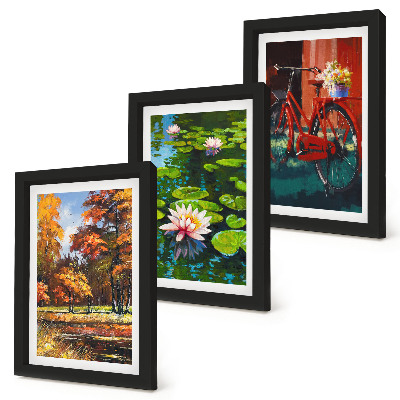 Photo frame wall Autumn colors, lily pond, bicycle on the terrace