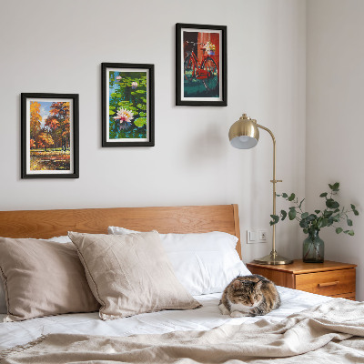 Photo frame wall Autumn colors, lily pond, bicycle on the terrace