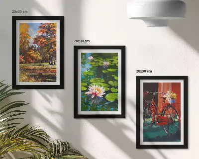 Photo frame wall gallery set autumn colors lily pond and bicycle on the terrace