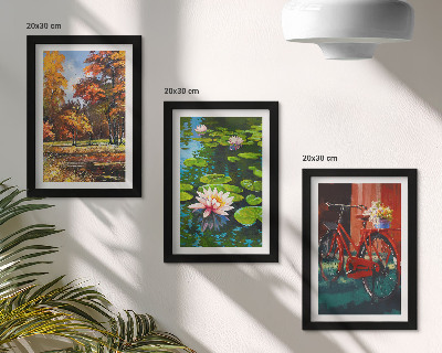 Photo frame wall Autumn colors, lily pond, bicycle on the terrace