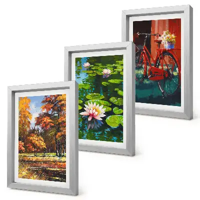 Photo frame wall gallery set autumn colors lily pond and bicycle on the terrace
