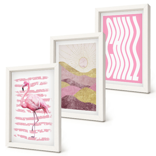 Framed triptych Pink flamingos pastel mountain landscape Chill lettering