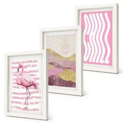 Pink flamingos pastel mountain landscape triptych framed art print with chill lettering