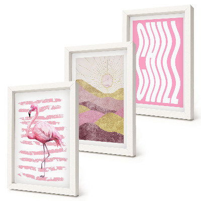 Framed triptych Pink flamingos pastel mountain landscape Chill lettering