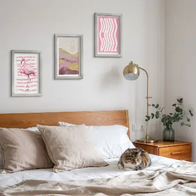 Pink flamingos pastel mountain landscape triptych framed art print with chill lettering