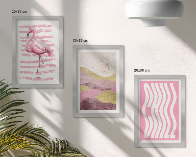 Framed triptych Pink flamingos pastel mountain landscape Chill lettering