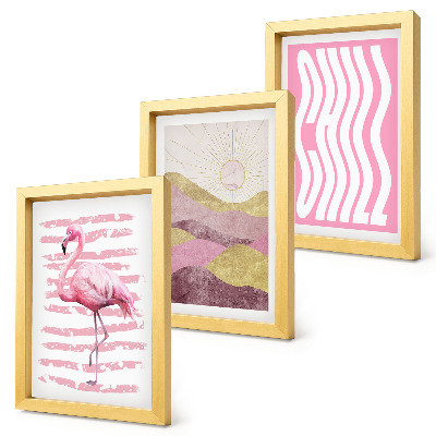 Framed triptych Pink flamingos pastel mountain landscape Chill lettering