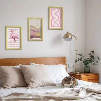 Pink flamingos pastel mountain landscape triptych framed art print with chill lettering