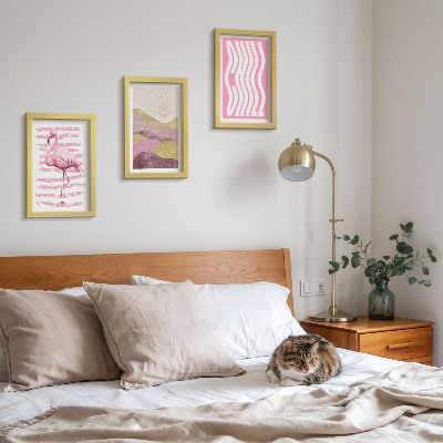 Framed triptych Pink flamingos pastel mountain landscape Chill lettering