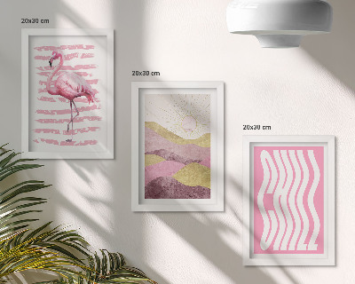 Framed triptych Pink flamingos pastel mountain landscape Chill lettering