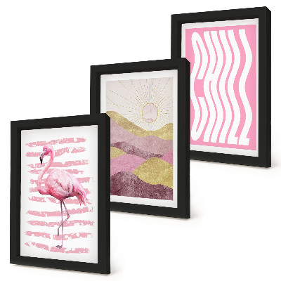 Framed triptych Pink flamingos pastel mountain landscape Chill lettering