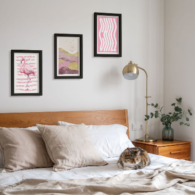 Framed triptych Pink flamingos pastel mountain landscape Chill lettering