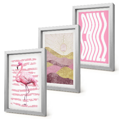 Framed triptych Pink flamingos pastel mountain landscape Chill lettering