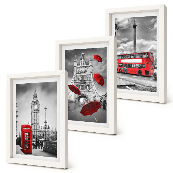3-piece wall art set London views with a red umbrella and a bus