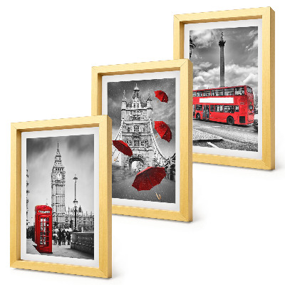 3-piece wall art set London views with a red umbrella and a bus