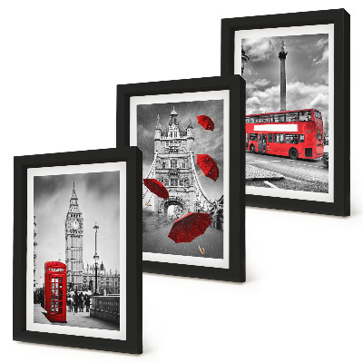 3-piece wall art set London views with a red umbrella and a bus