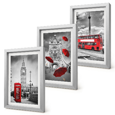 3-piece wall art set London views with a red umbrella and a bus