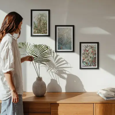 Photo frame wall with tropical plants and colorful birds in nature design