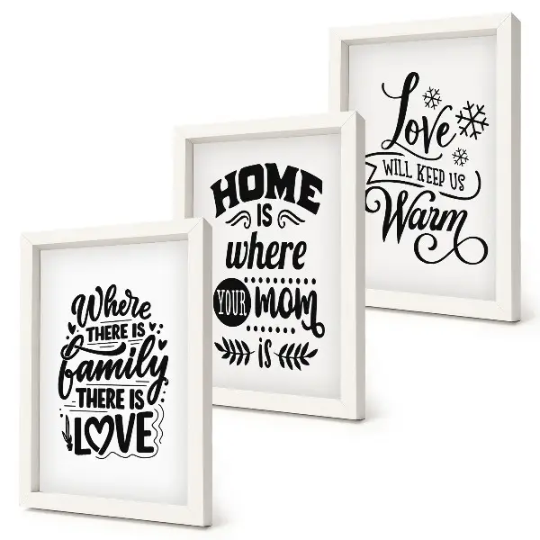 Framed triptych wall art featuring family, love, home, and warmth slogans