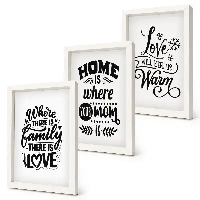 Framed triptych wall art featuring family, love, home, and warmth slogans