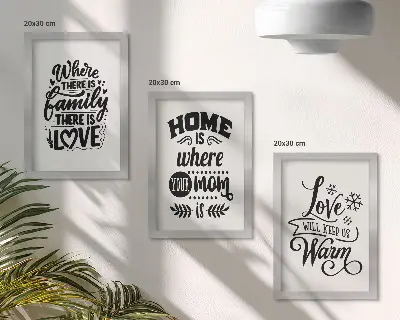 Framed triptych wall art featuring family, love, home, and warmth slogans