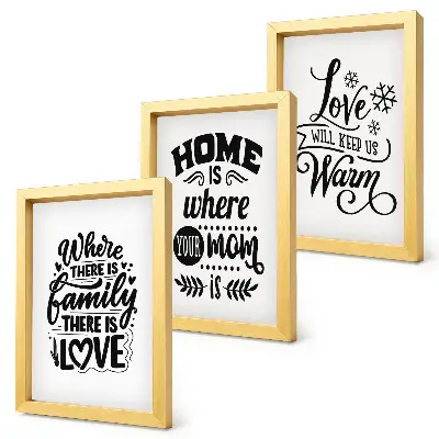 Framed triptych wall art featuring family, love, home, and warmth slogans