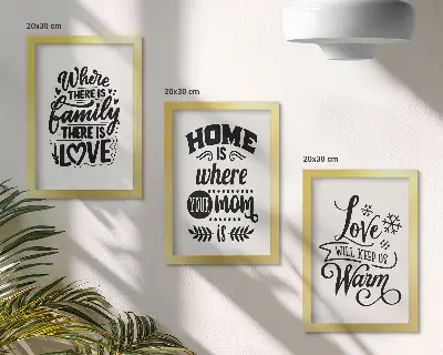 Framed triptych wall art featuring family, love, home, and warmth slogans