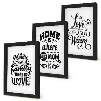 Framed triptych wall art featuring family, love, home, and warmth slogans