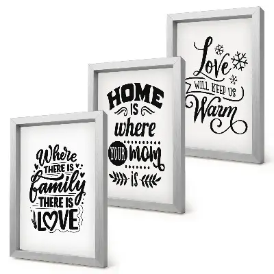 Framed triptych wall art featuring family, love, home, and warmth slogans