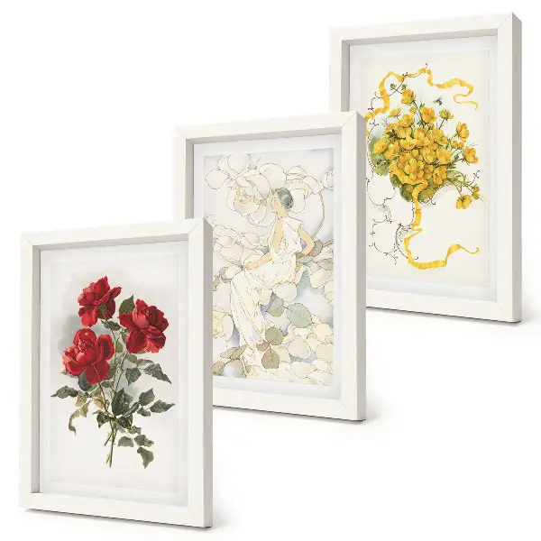 Photo frame wall with a display of red roses, a white figure, and yellow flowers in a vase