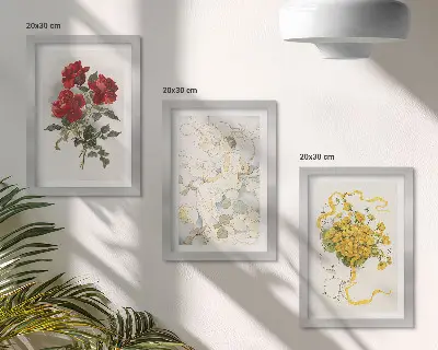 Photo frame wall with a display of red roses, a white figure, and yellow flowers in a vase